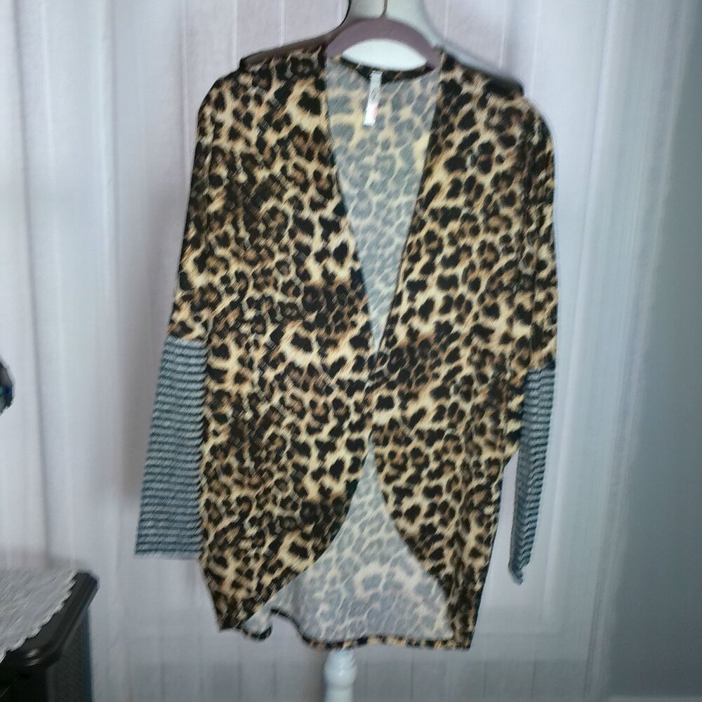 RED LOLLY Long Sleeve Cocoon Open Cardigan Brown/Black Animal Print Sweater XL